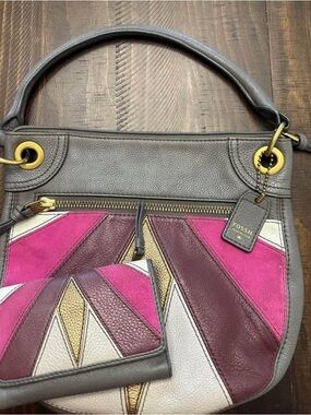 Fossil Gray Shoulder Bag with Pink & Burgundy Chevron Inlay